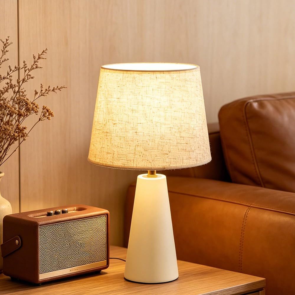 Genecore Modern Bedside Table Lamp – Linen Shade, Black Metal Base