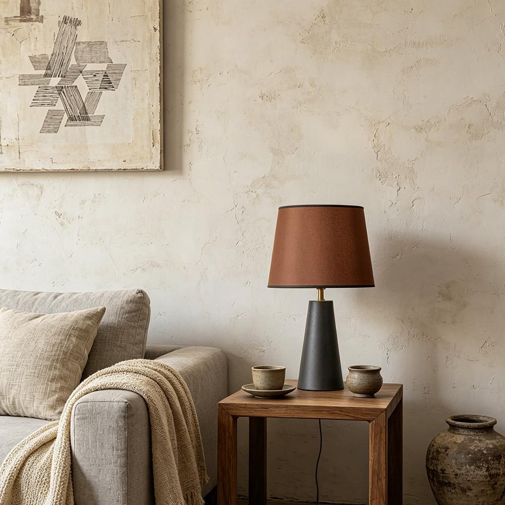 Genecore Modern Bedside Table Lamp – Linen Shade, Black Metal Base