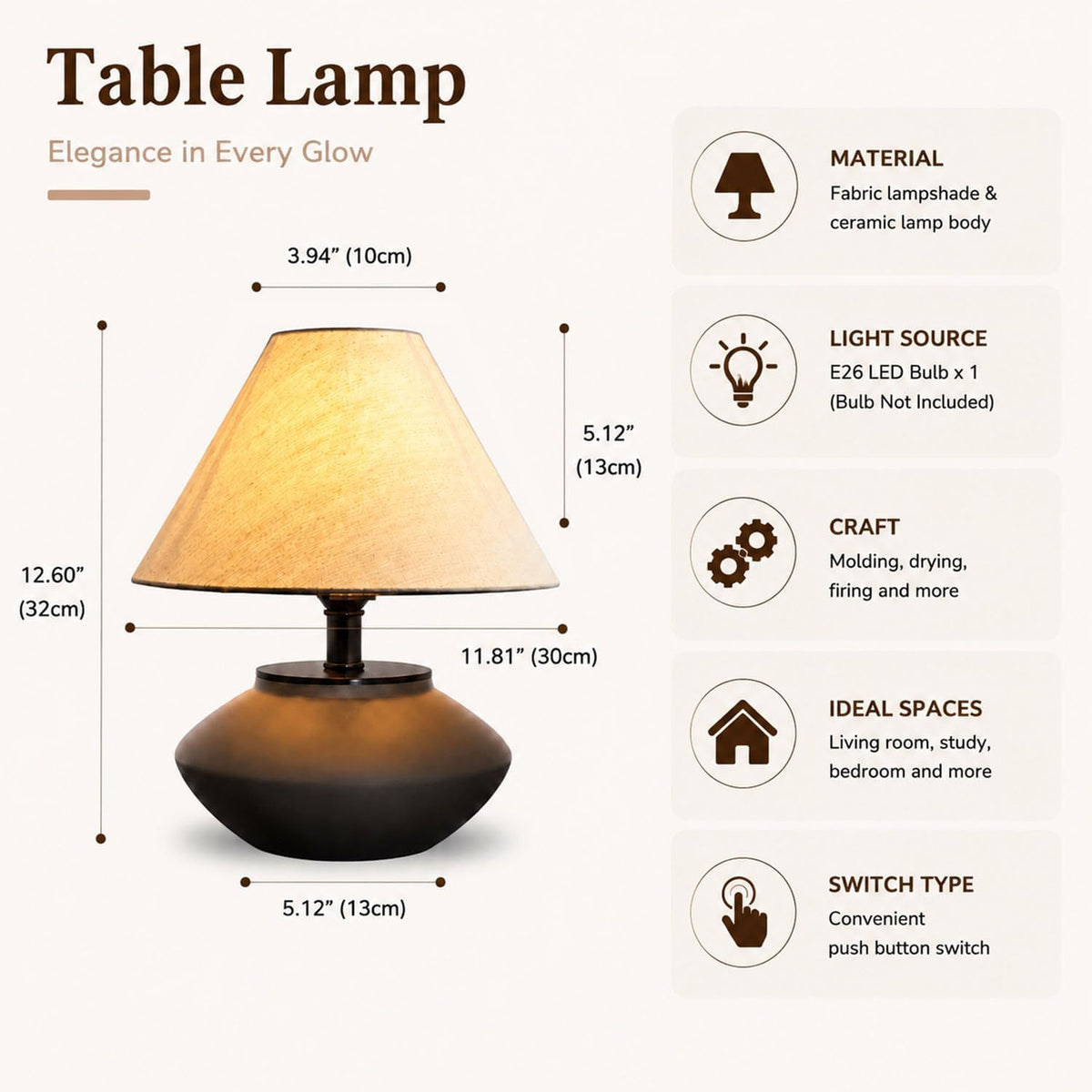 Genecore Farmhouse Ceramic Table Lamp – Black Base, Linen Shade