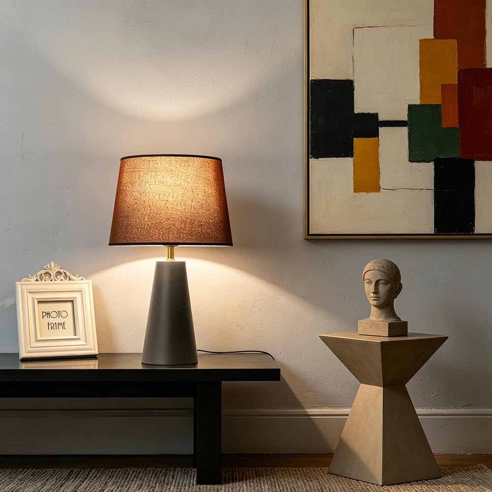 Genecore Modern Bedside Table Lamp – Linen Shade, Black Metal Base