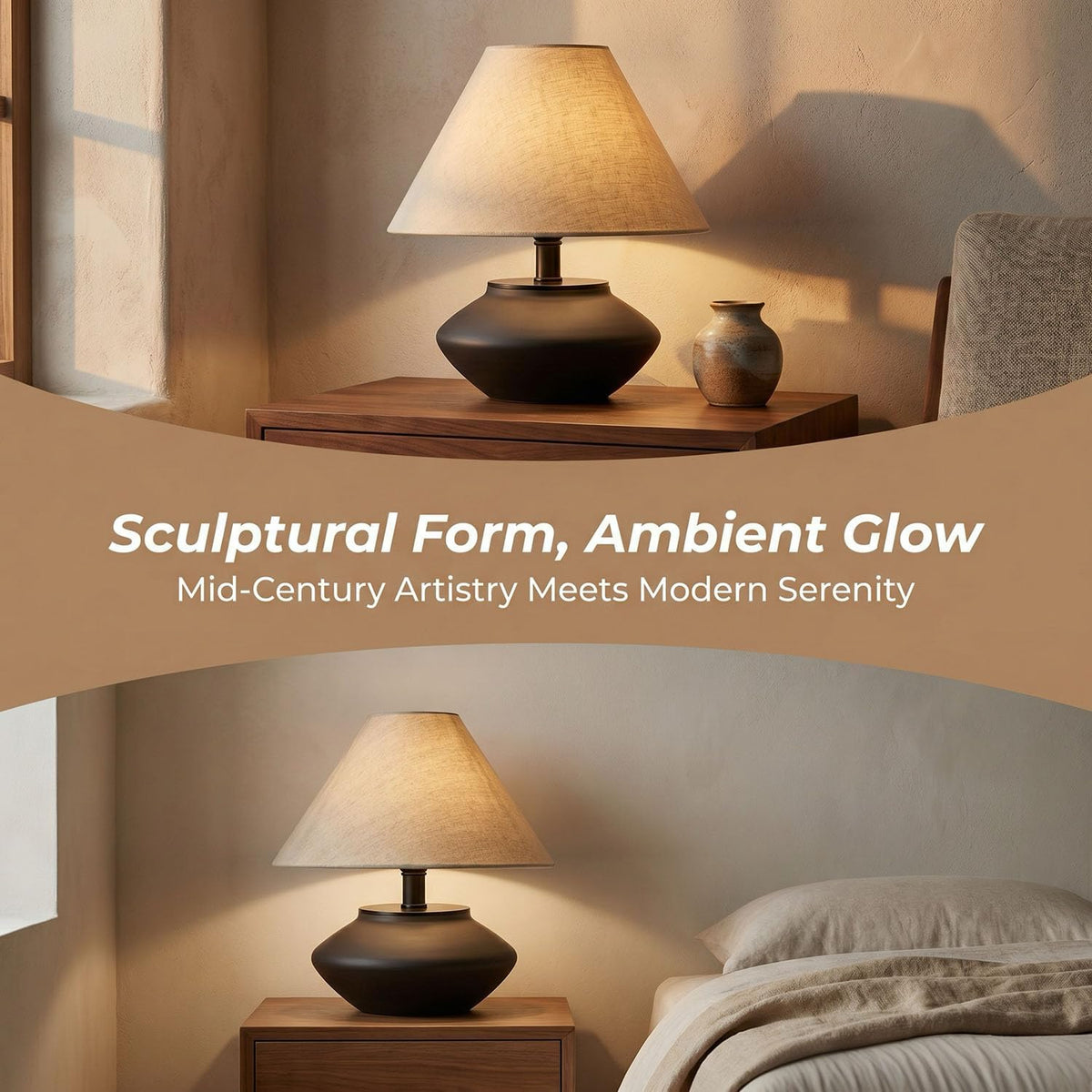 Genecore Farmhouse Ceramic Table Lamp – Black Base, Linen Shade