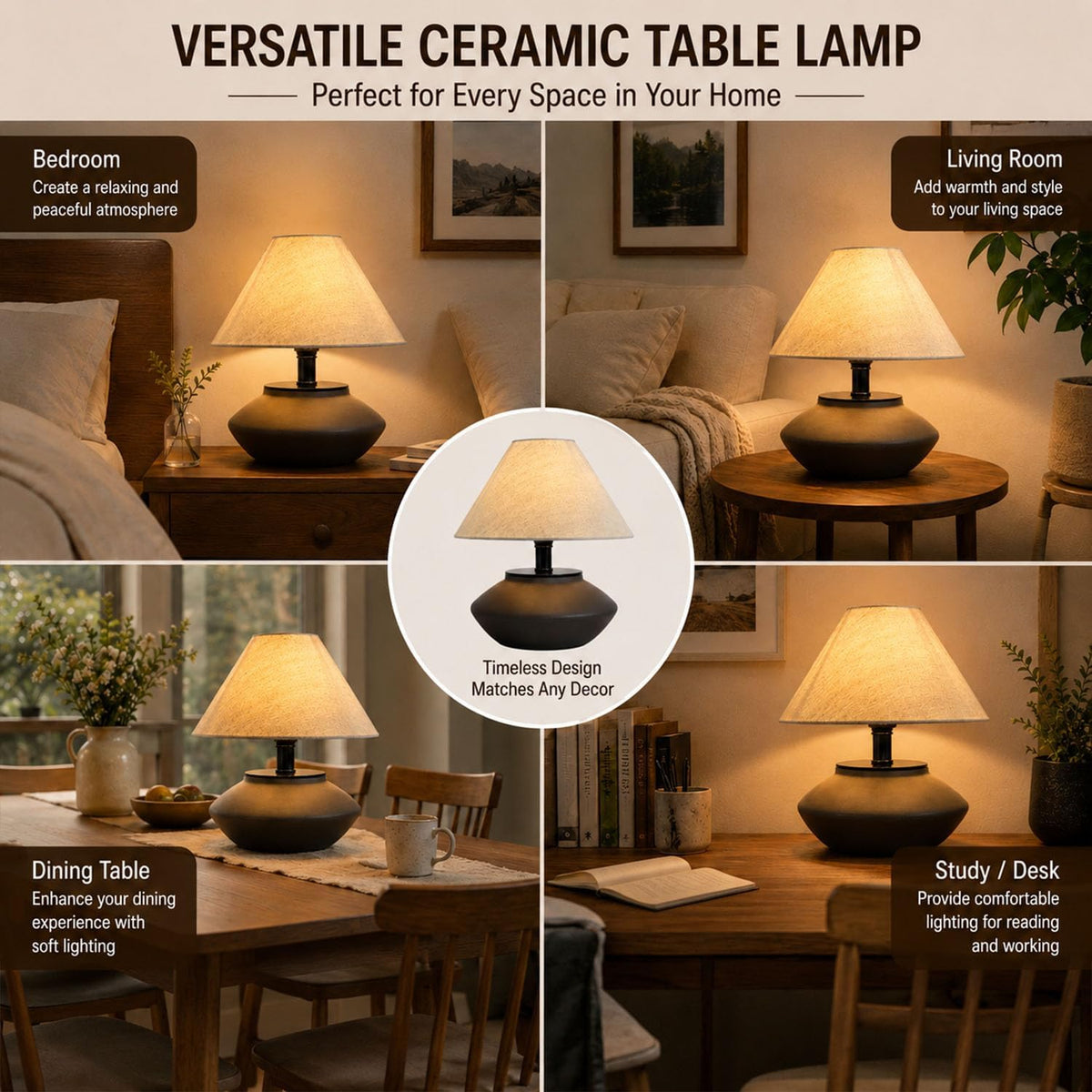 Genecore Farmhouse Ceramic Table Lamp – Black Base, Linen Shade