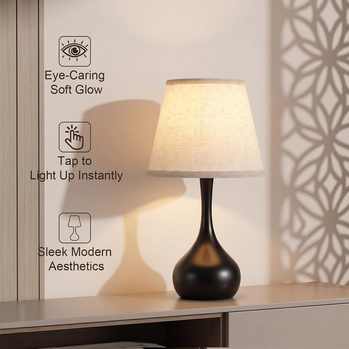Genecore Touch Bedside Table Lamp – 3-Way Dimmable with Fabric Shade