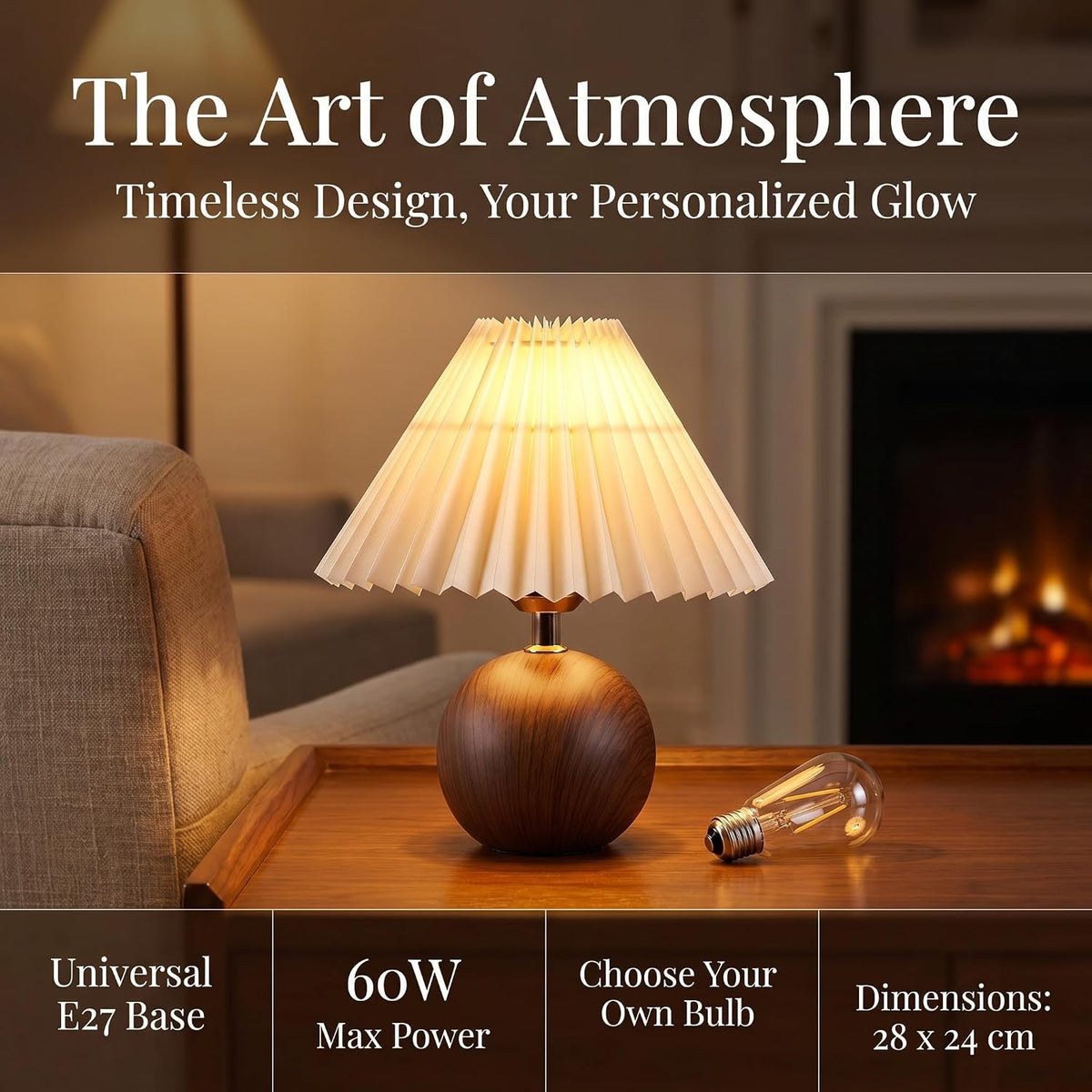 Genecore Ceramic Globe Table Lamp – Walnut Base, Beige Shade
