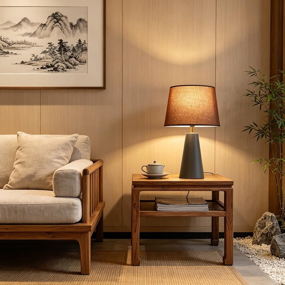 Genecore Modern Bedside Table Lamp – Linen Shade, Black Metal Base