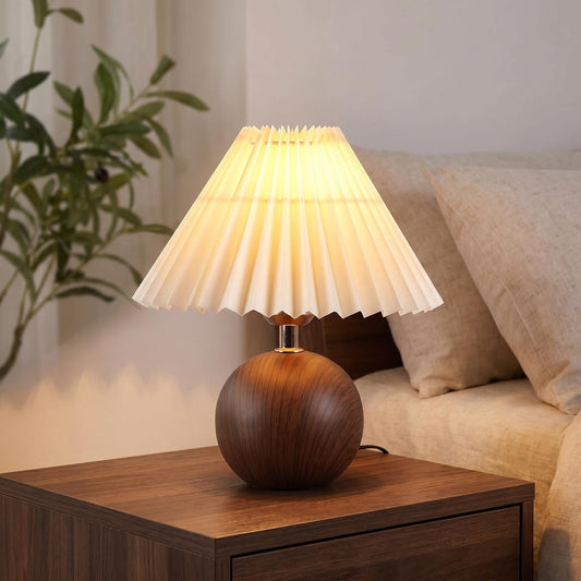 Genecore Ceramic Globe Table Lamp – Walnut Base, Beige Shade