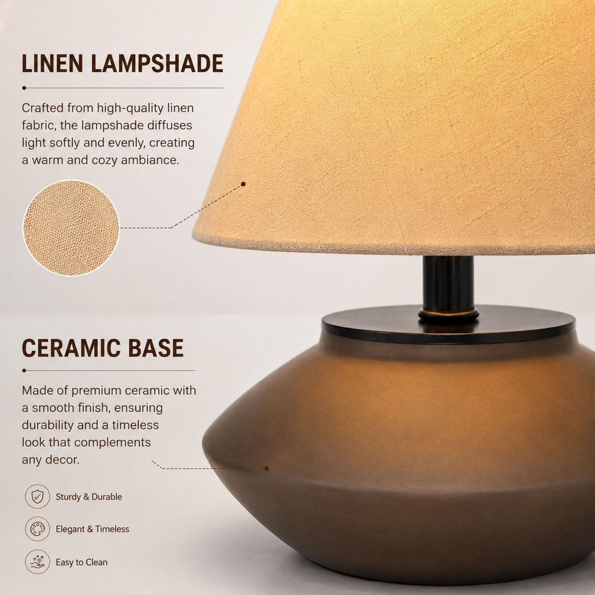Genecore Farmhouse Ceramic Table Lamp – Black Base, Linen Shade