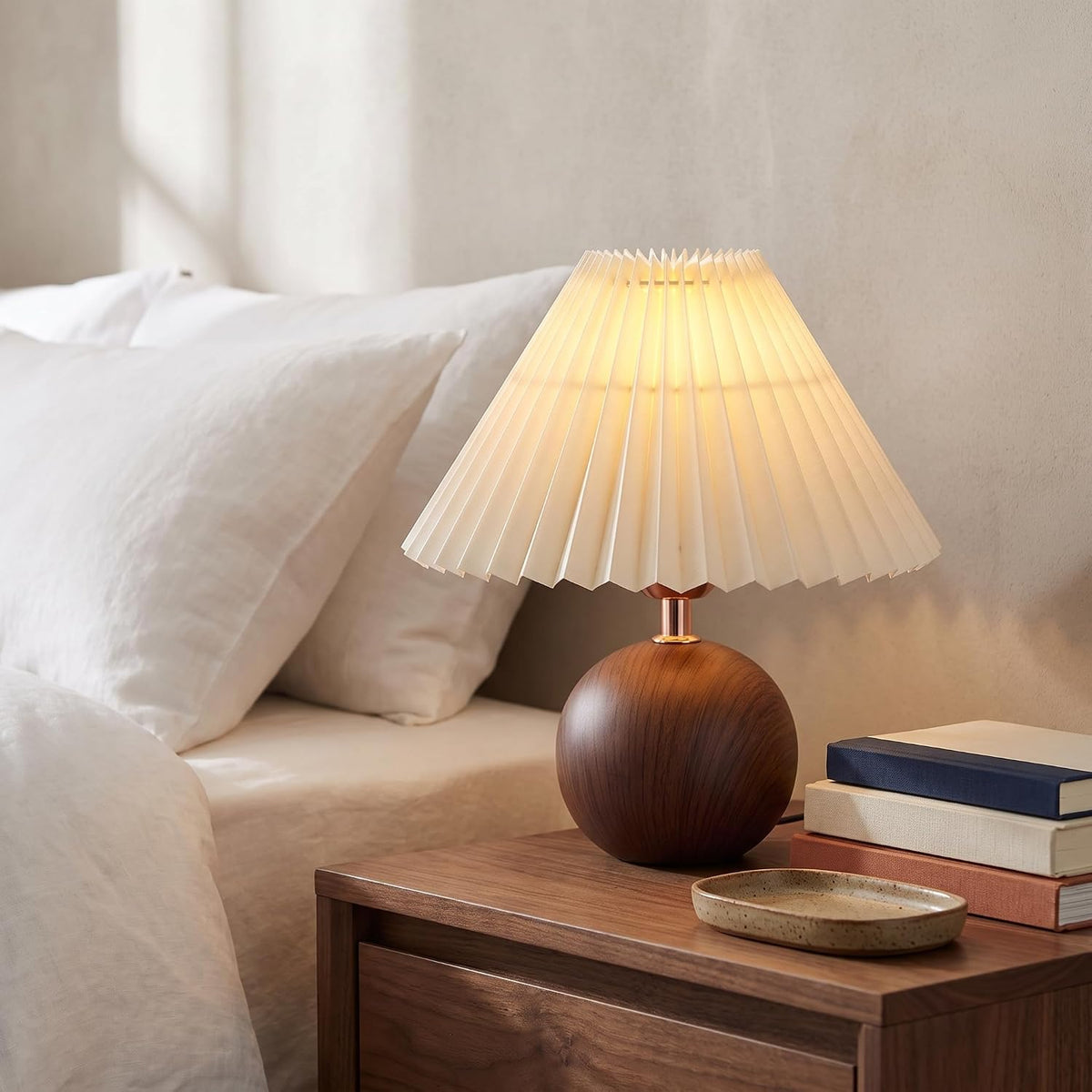 Genecore Ceramic Globe Table Lamp – Walnut Base, Beige Shade