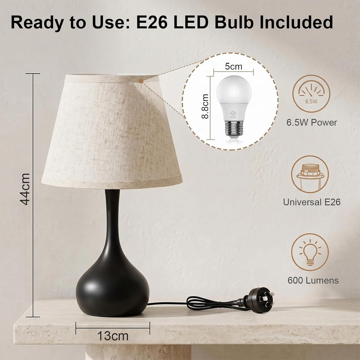Genecore Touch Bedside Table Lamp – 3-Way Dimmable with Fabric Shade