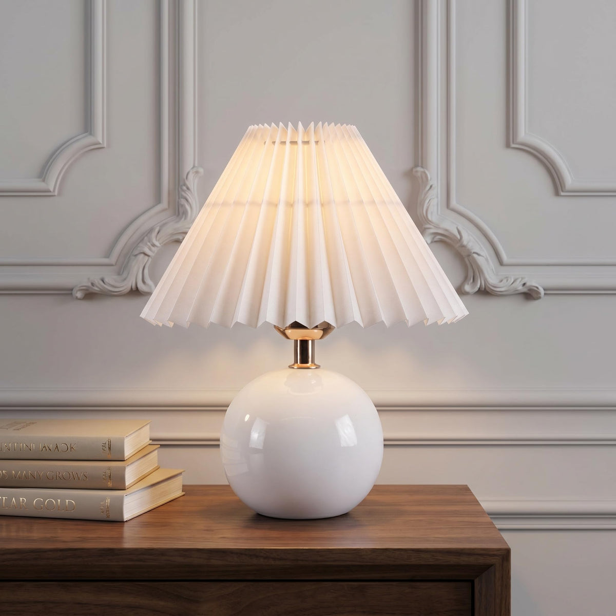 Genecore Ceramic Globe Table Lamp – Walnut Base, Beige Shade