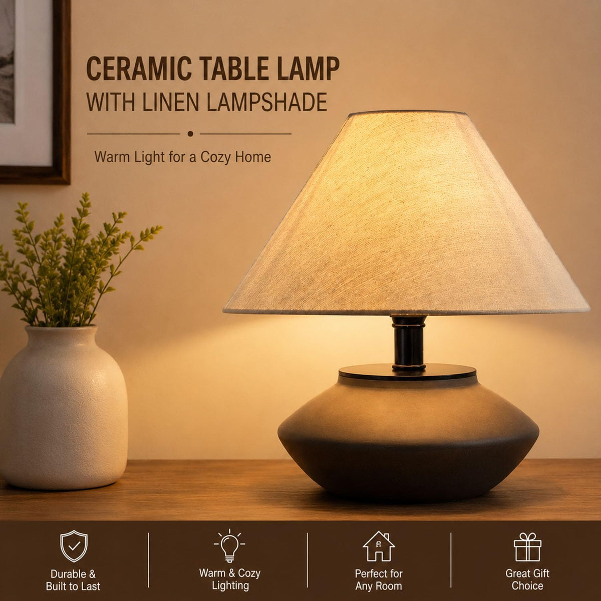 Genecore Farmhouse Ceramic Table Lamp – Black Base, Linen Shade