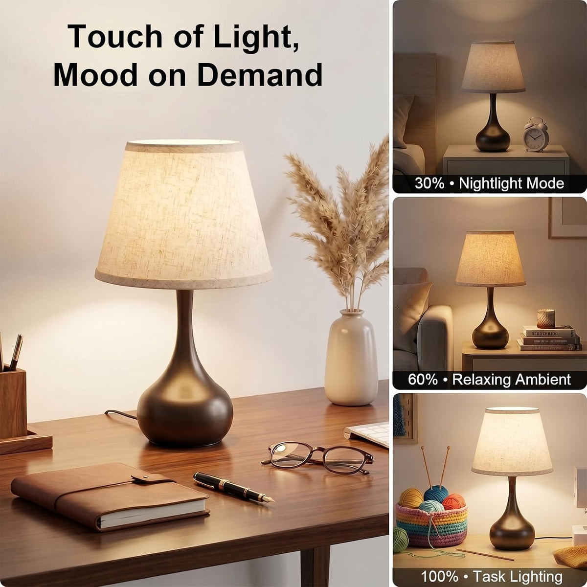 Genecore Touch Bedside Table Lamp – 3-Way Dimmable with Fabric Shade