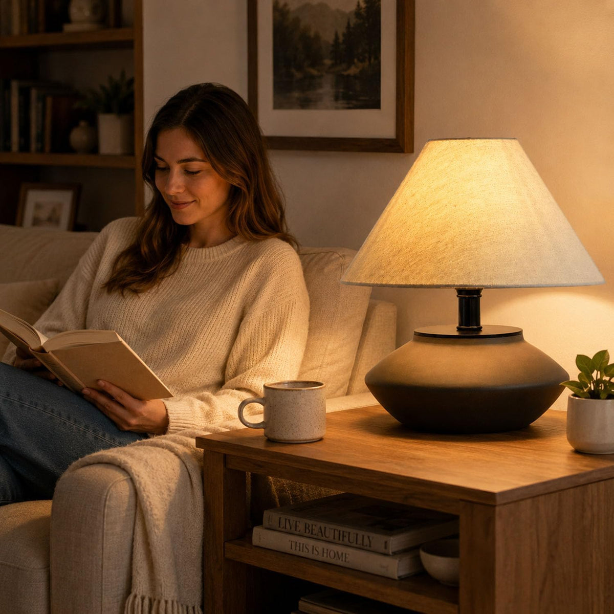 Genecore Farmhouse Ceramic Table Lamp – Black Base, Linen Shade