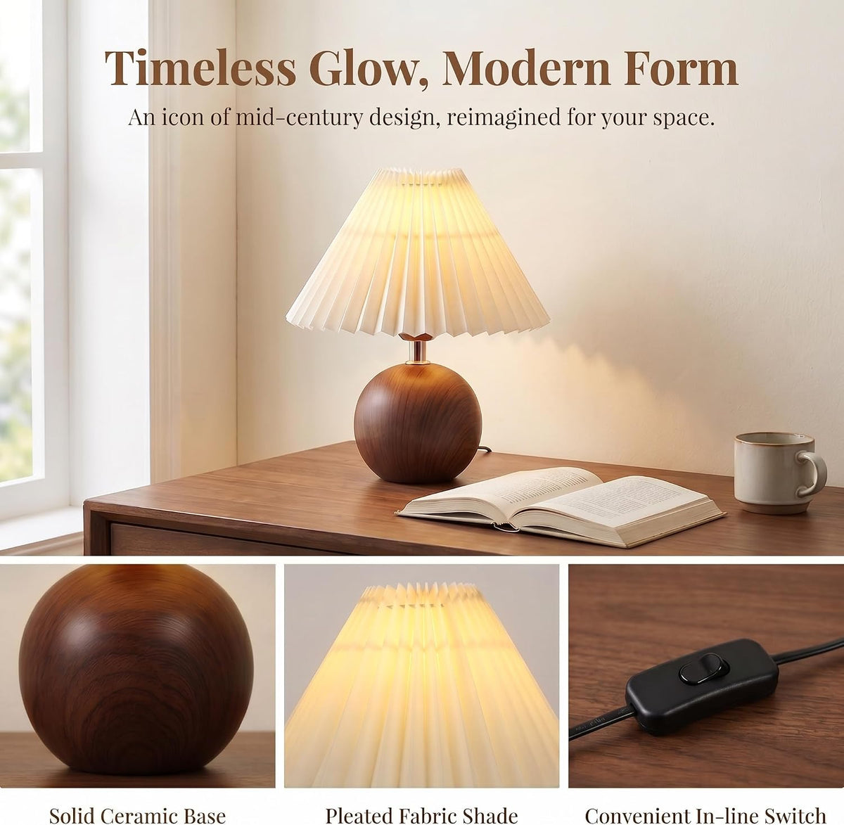 Genecore Ceramic Globe Table Lamp – Walnut Base, Beige Shade